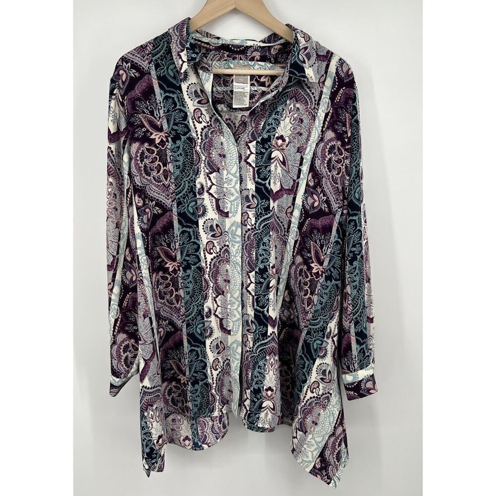 Chicos Size 3 XL 16 Purple Blue Paisley Tunic Blouse Button Up